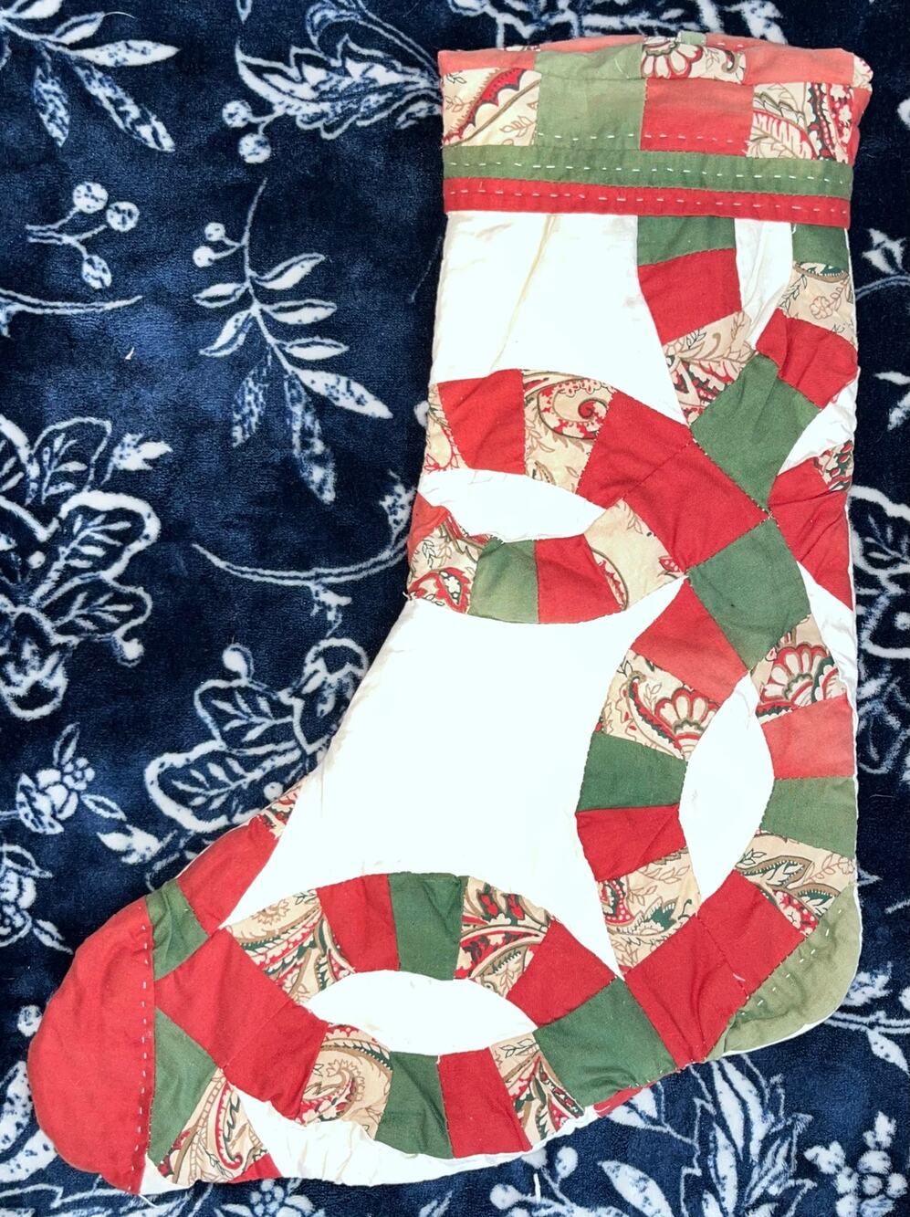Handmade Quilted Christmas Stocking with a Double Wedding Ring Pattern